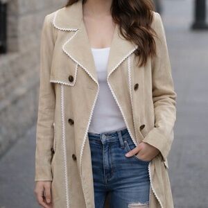 Beige Trench Coat with White Scalloped Trim by